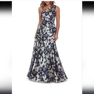 Betsy & Adam, size 8. One shoulder metallic floor length gown.